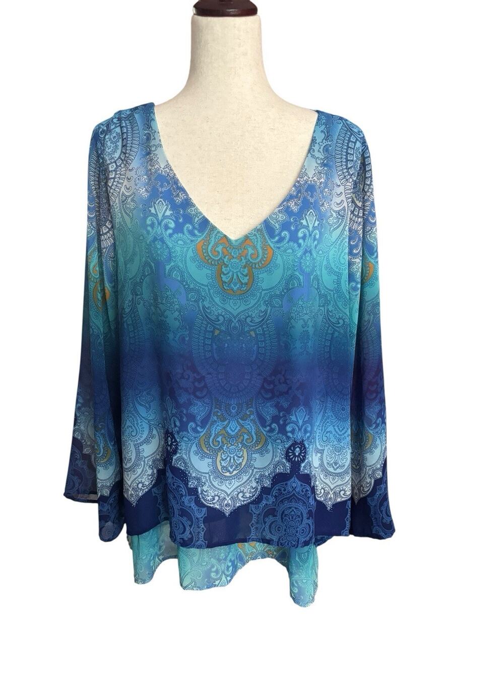 Live and Let Live Women's Plus Size 1X Blouse V-Neck Blue EUC